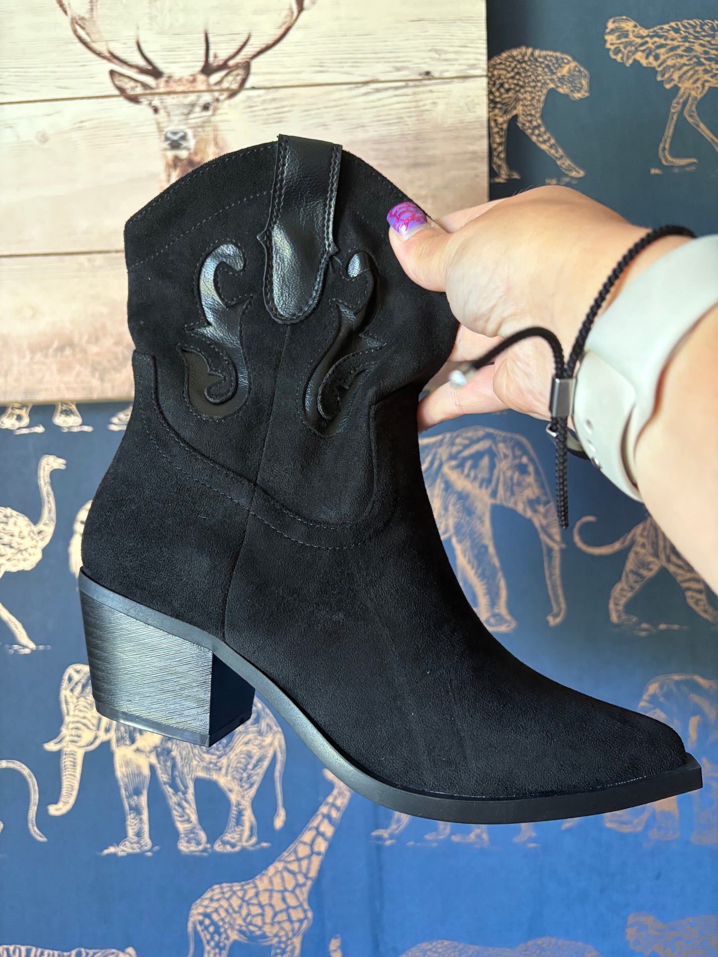 Black Suede Cowboy Ankle Boots
