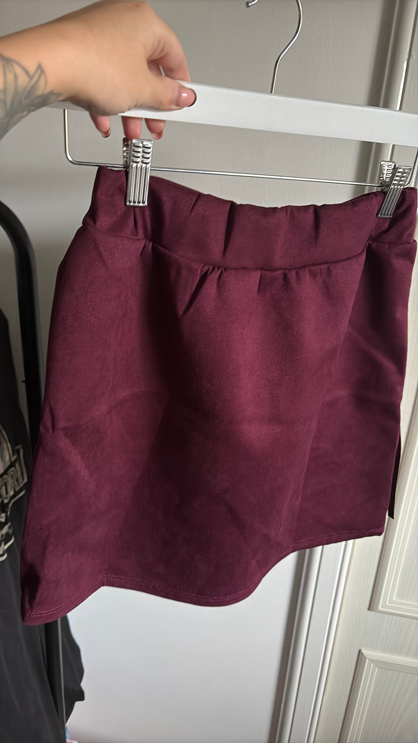 Wine Faux Suede Tassel Skirt