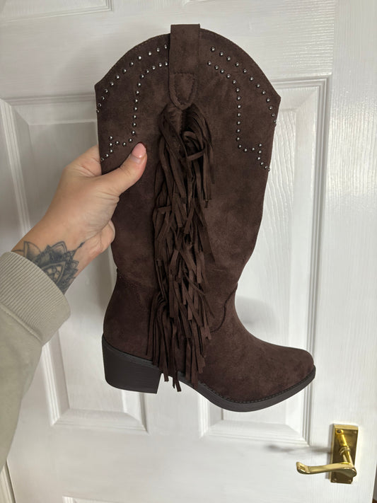 Faux Suede Chocolate Brown Cowboy Boots
