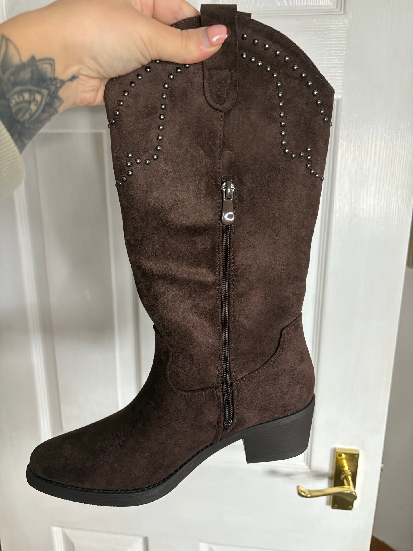 Faux Suede Chocolate Brown Cowboy Boots