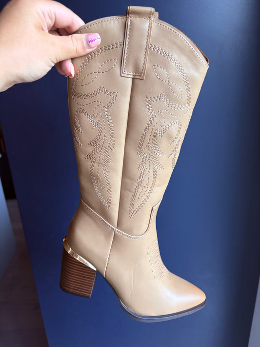 Cream Knee High Cowboy Boots