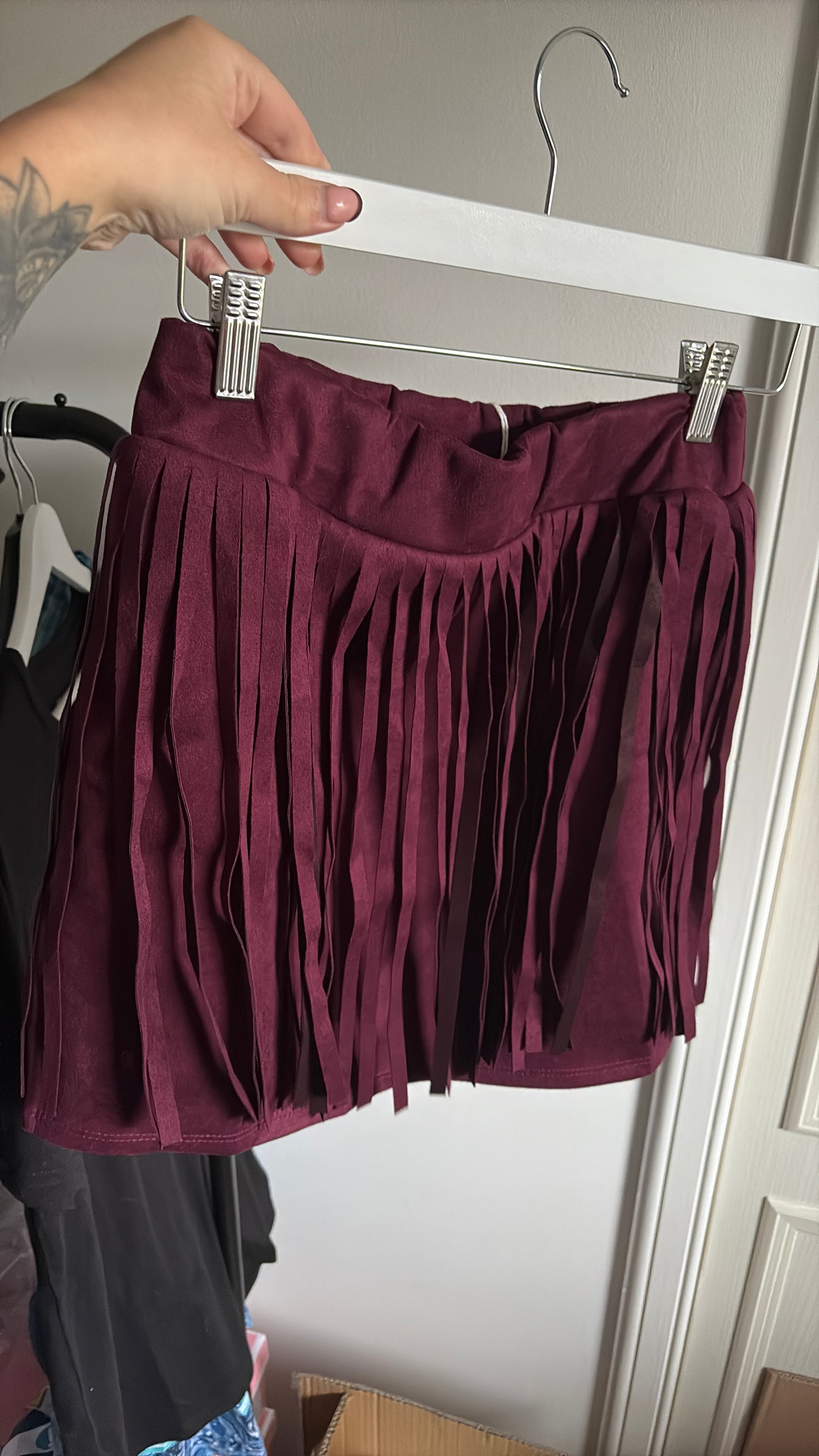 Wine Faux Suede Tassel Skirt