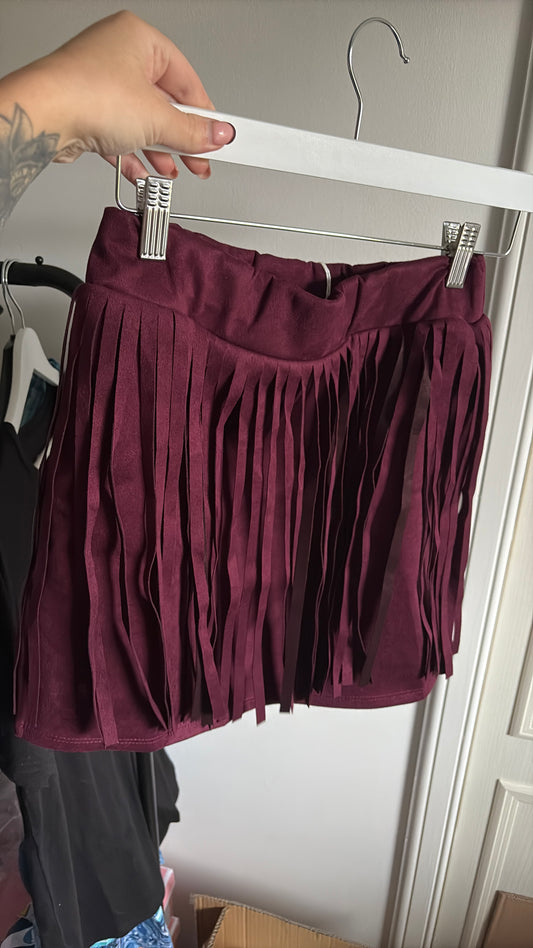 Wine Faux Suede Tassel Skirt