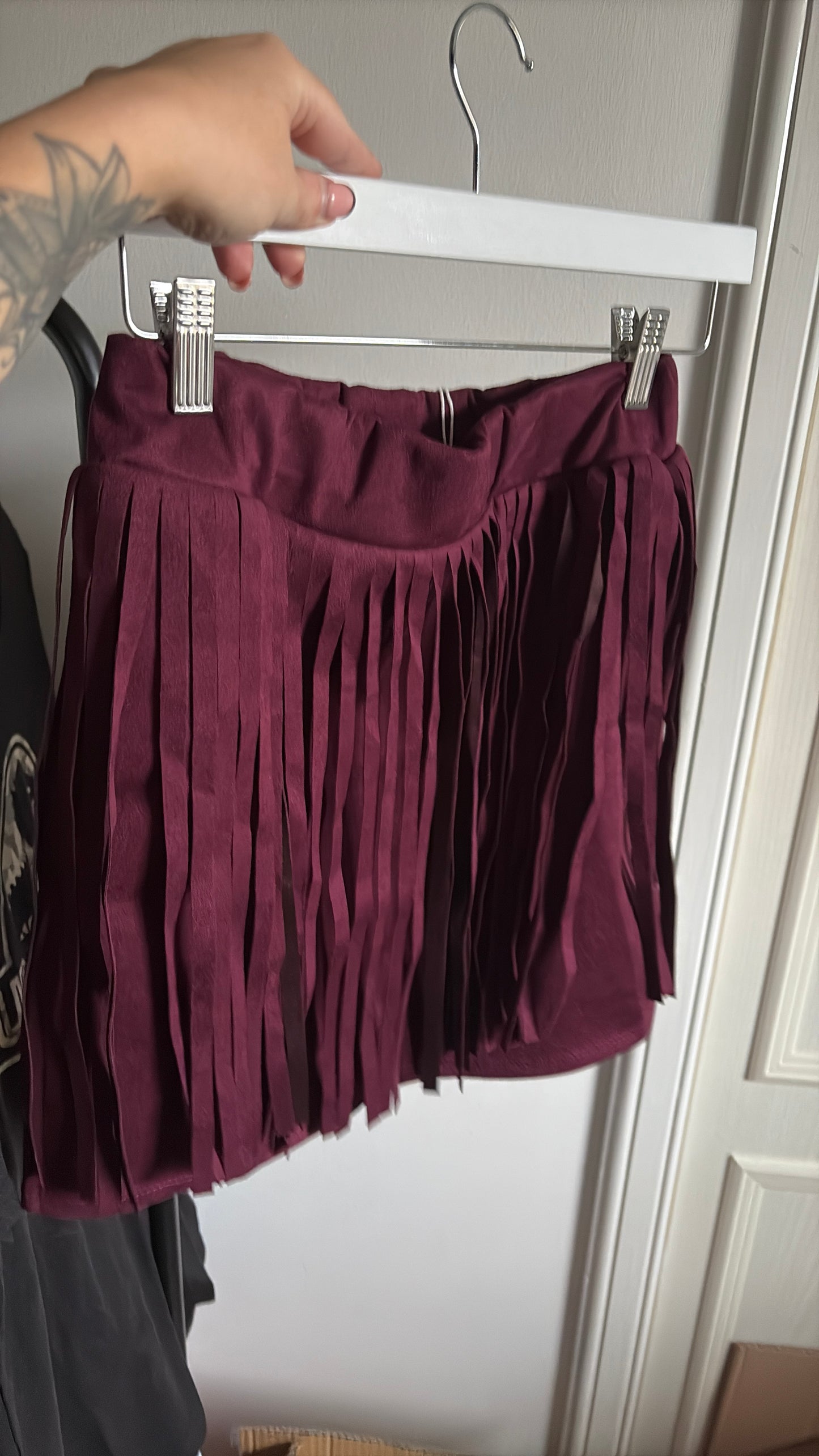Wine Faux Suede Tassel Skirt