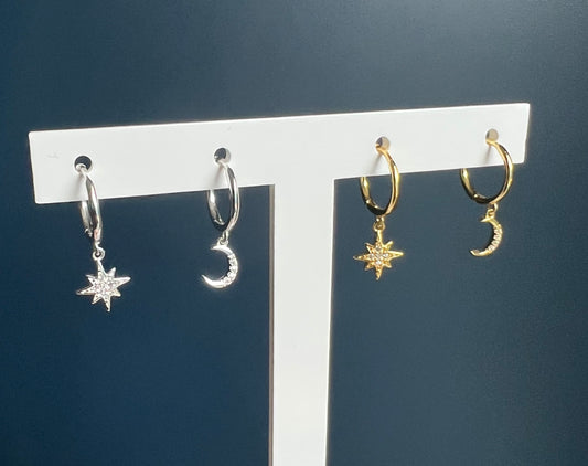 Asymmetric Sparkly Star & Moon Huggies