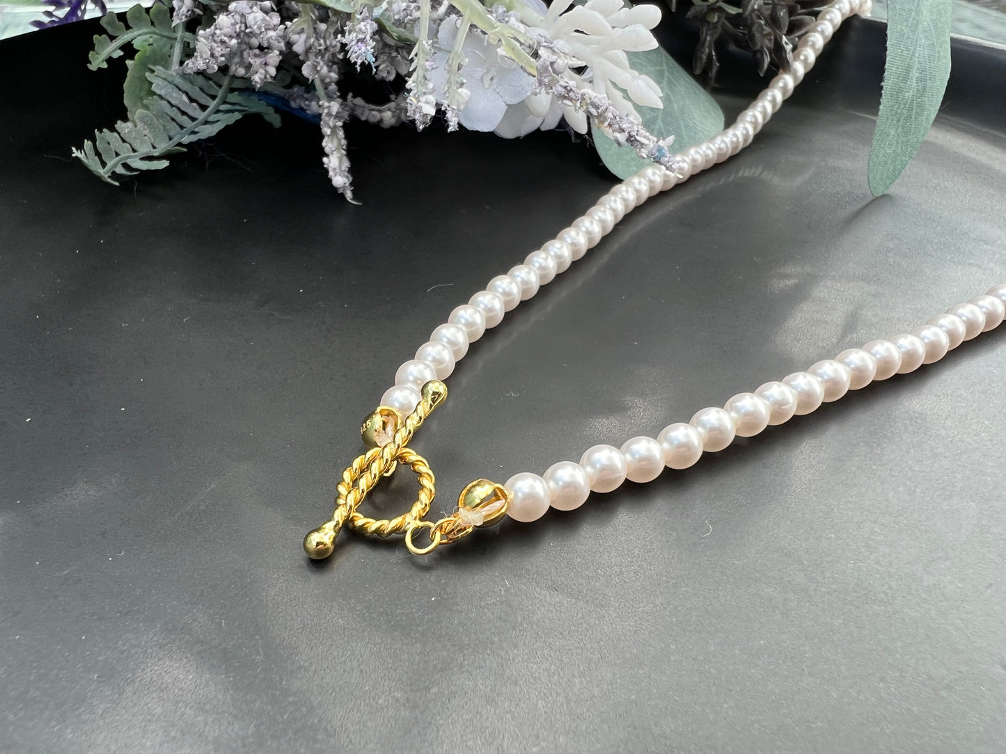 Pearl & Gold T-Bar Necklace